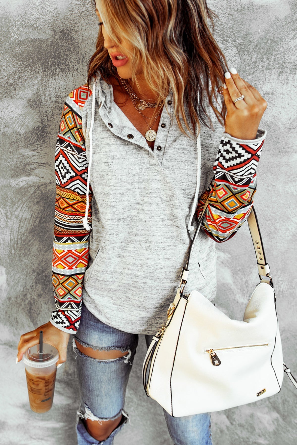 Tribal Print Long Sleeve Button Neckline Drawstring Hoodie