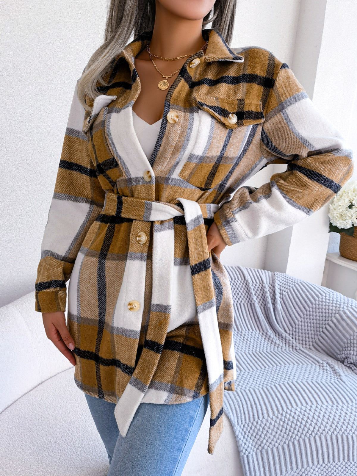 Plaid Button Down Woolen Coat with Belt