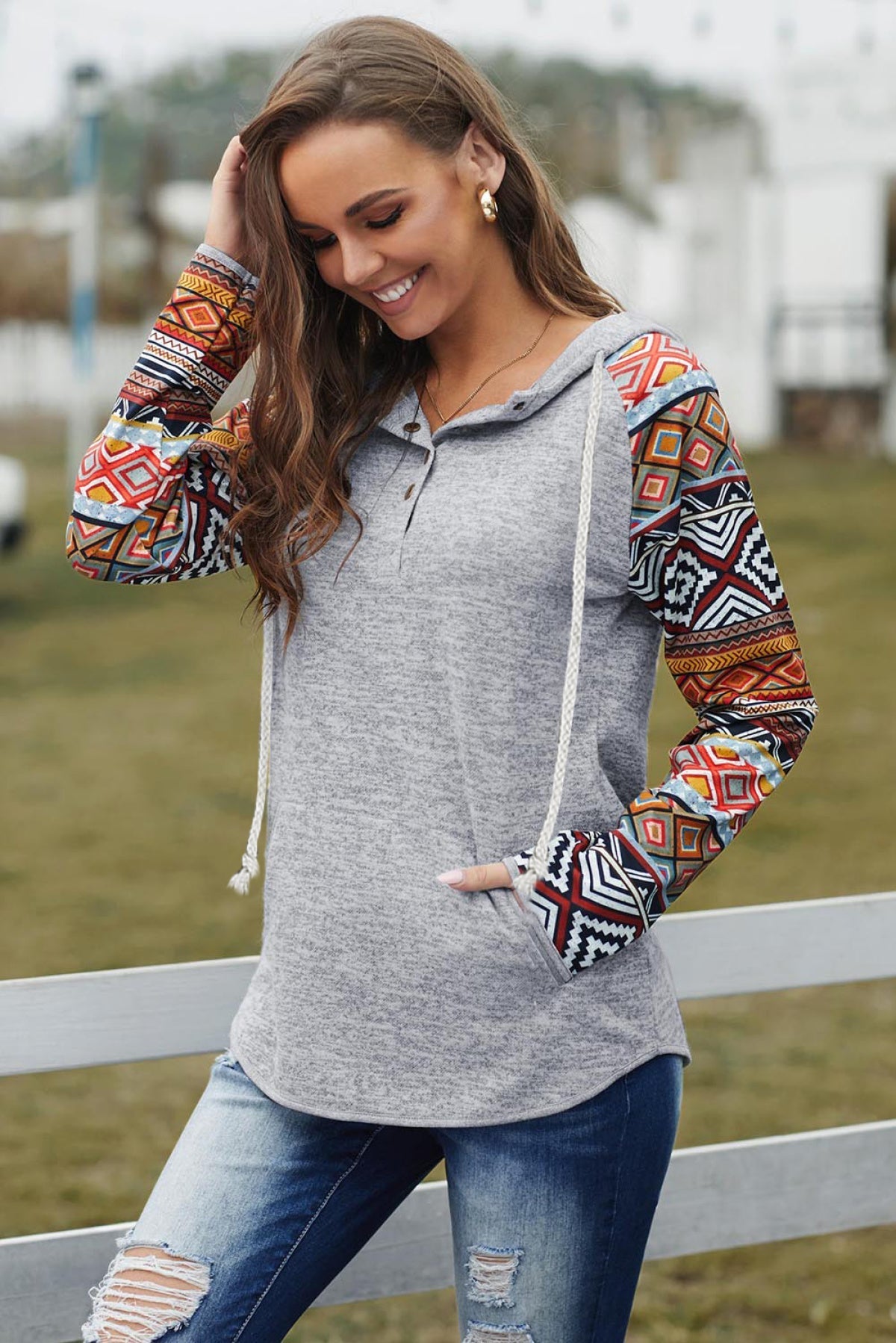 Tribal Print Long Sleeve Button Neckline Drawstring Hoodie