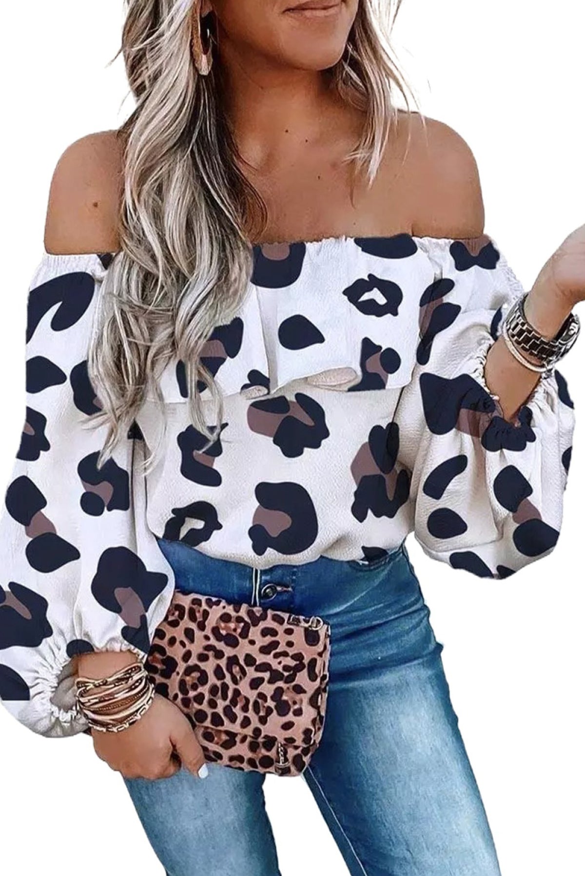 Leopard Off Shoulder Long Sleeve Blouse