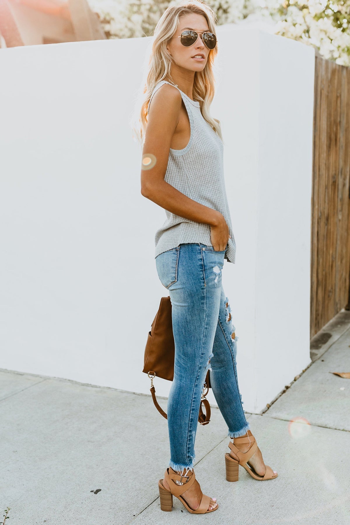 Apricot Crew Neck Waffle Tank Top