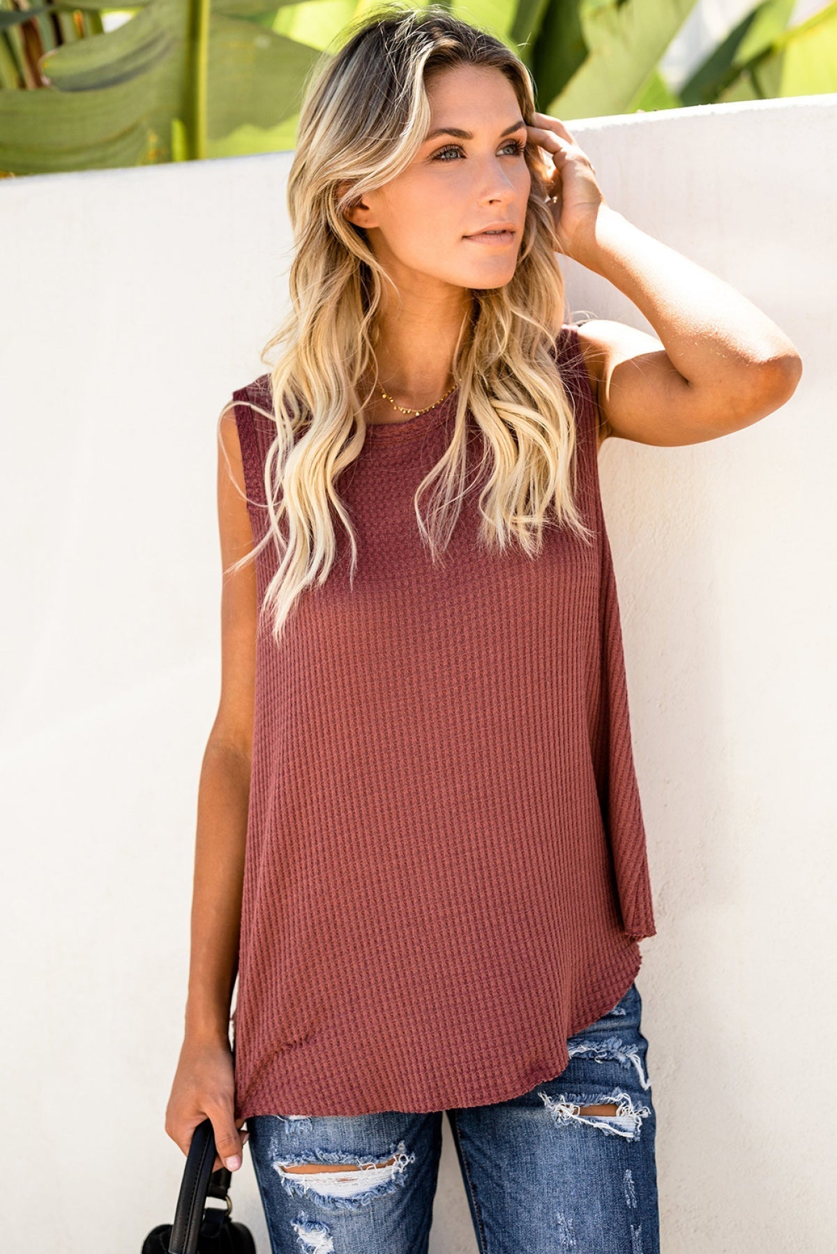 Apricot Crew Neck Waffle Tank Top