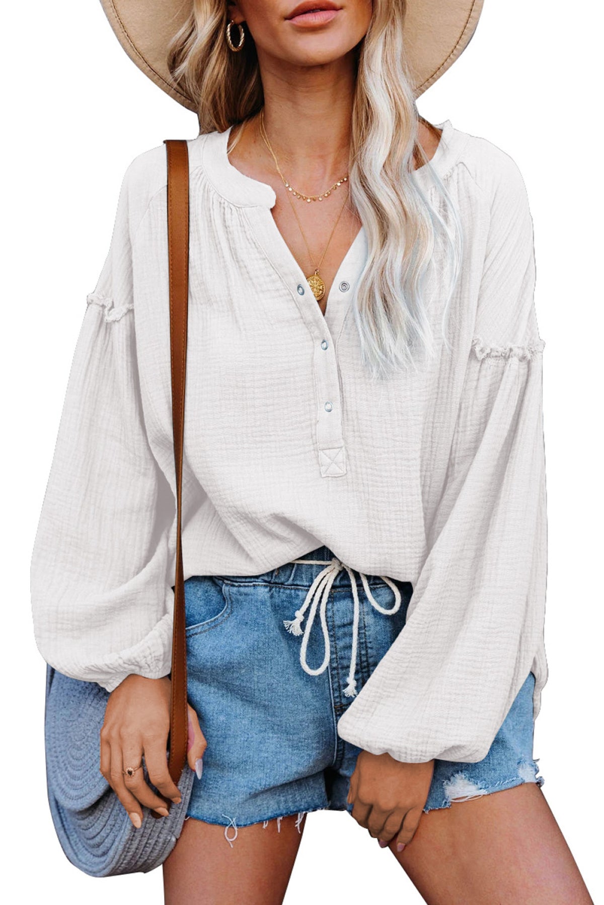 Casual Balloon Sleeve Crinkled Top