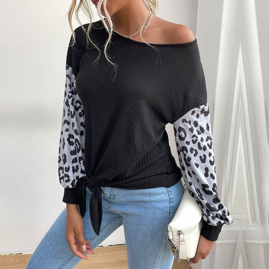 Round Neck Leopard Lantern Sleeve Tie Front Blouse