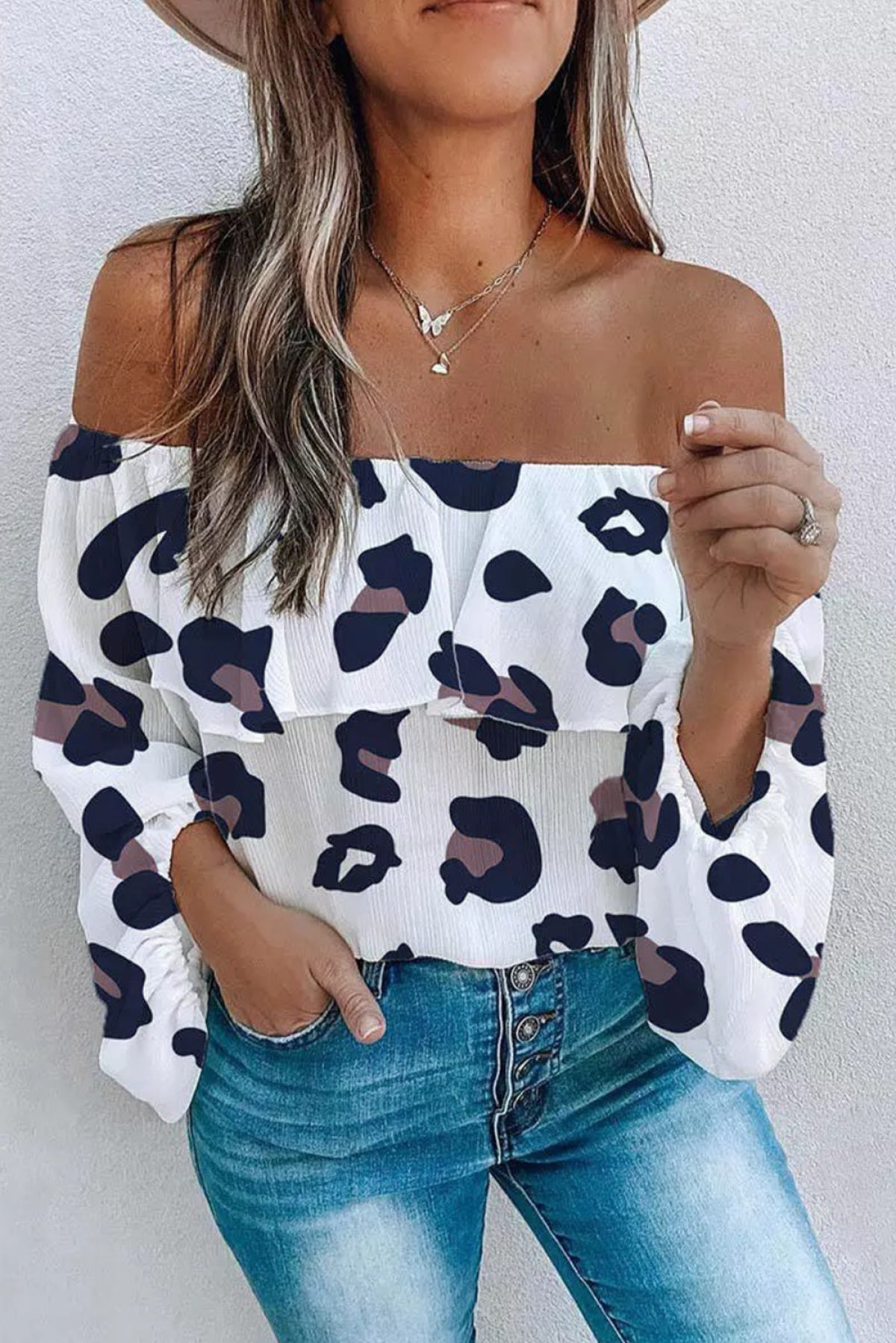 Leopard Off Shoulder Long Sleeve Blouse