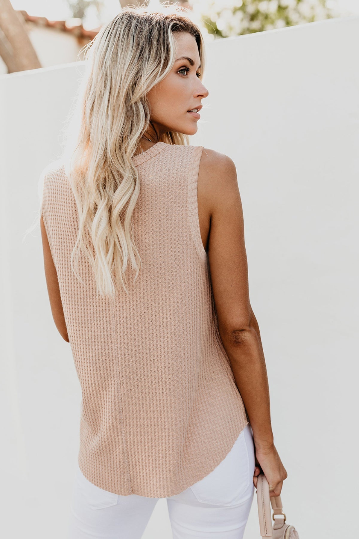 Apricot Crew Neck Waffle Tank Top