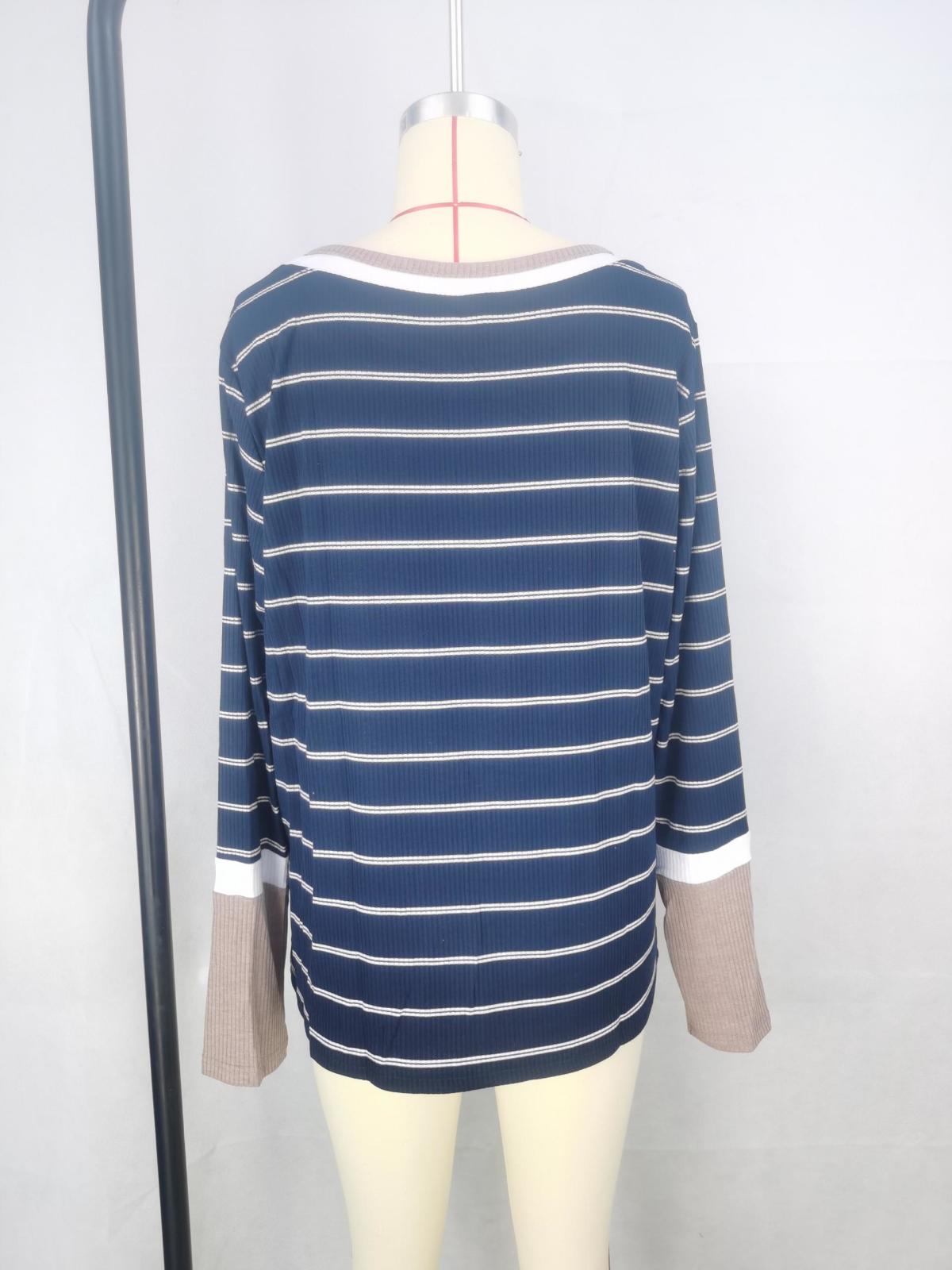 Extend Color Block Cuffs Rib Knit Striped Pullover