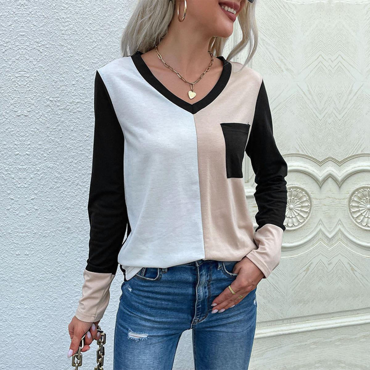 Colorblock V-Neck Long Sleeve Top with Patch Pocket