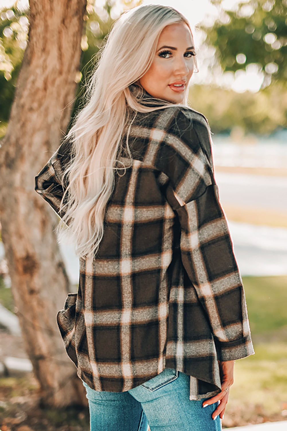 Drop Shoulder Plaid Buttons Shirt