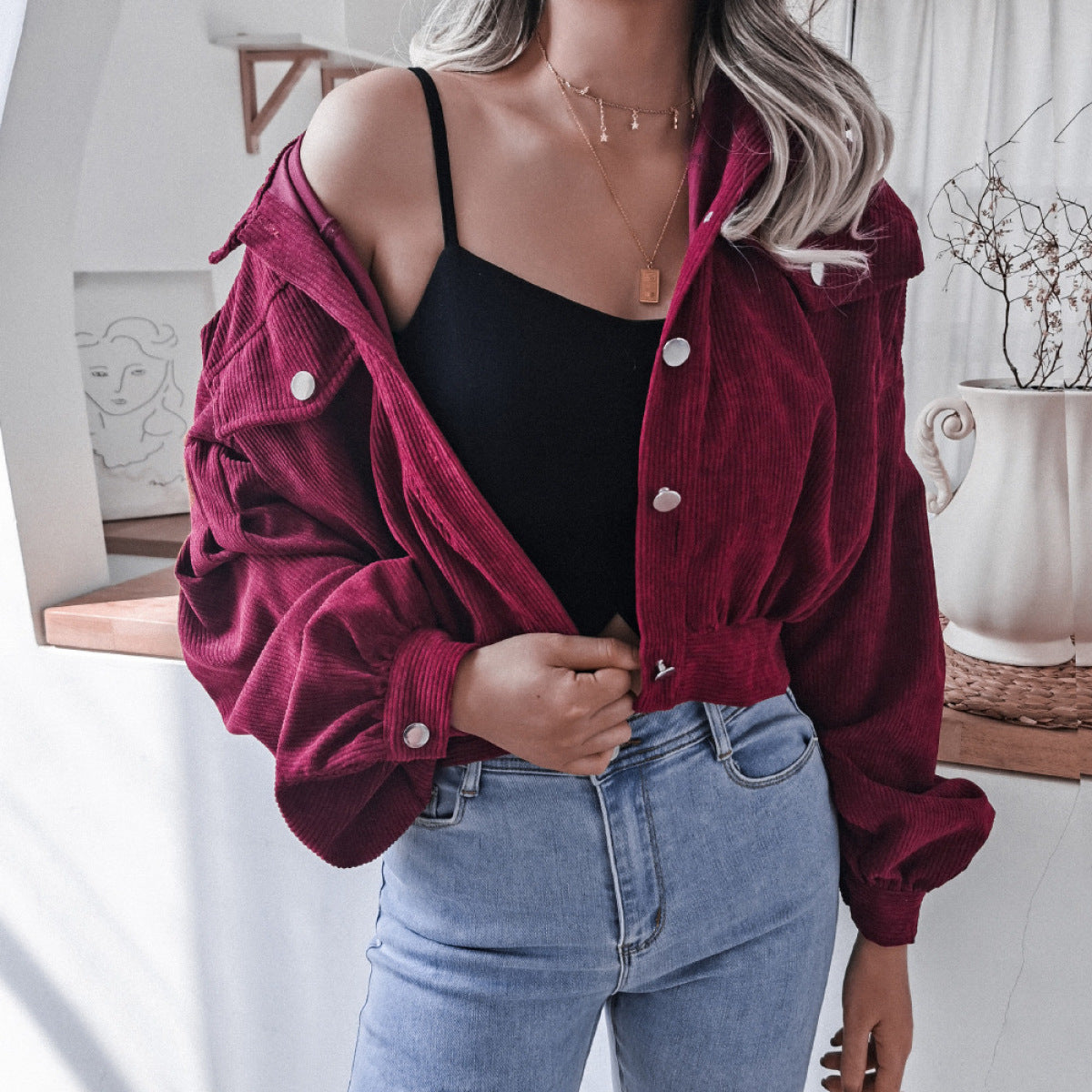 Casual Lanterns Long-Sleeved Single-Breasted Corduroy Jacket