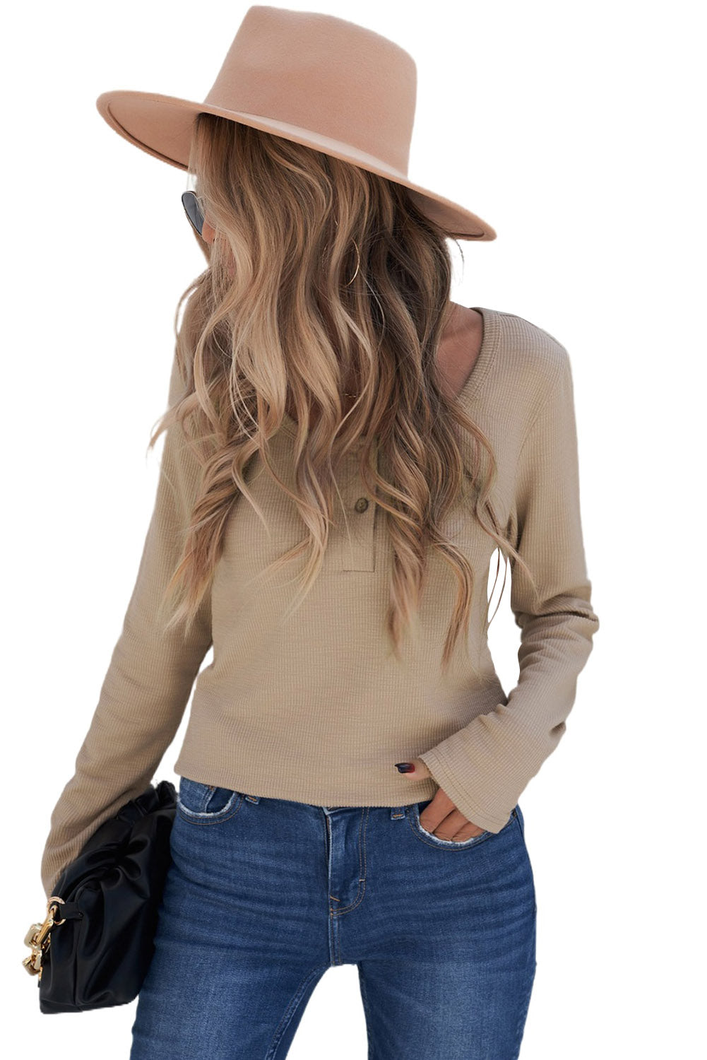 Crewneck Buttons Ribbed Knit Long Sleeve Top