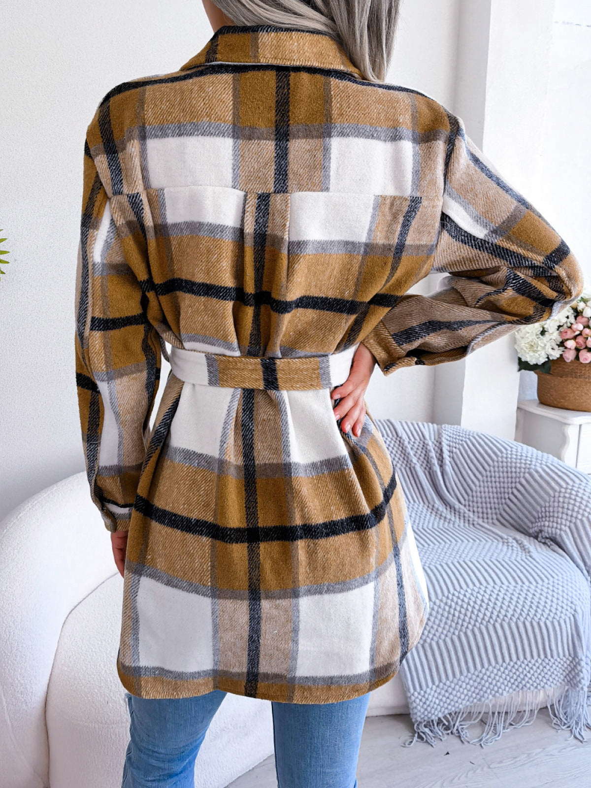 Plaid Button Down Woolen Coat with Belt