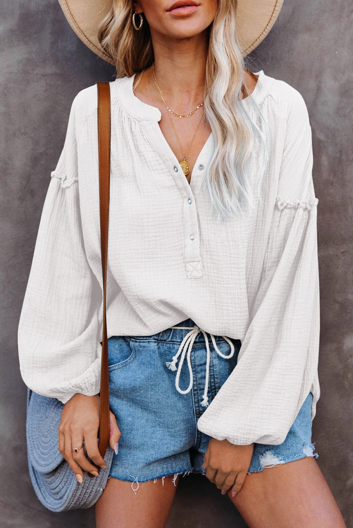 Casual Balloon Sleeve Crinkled Top