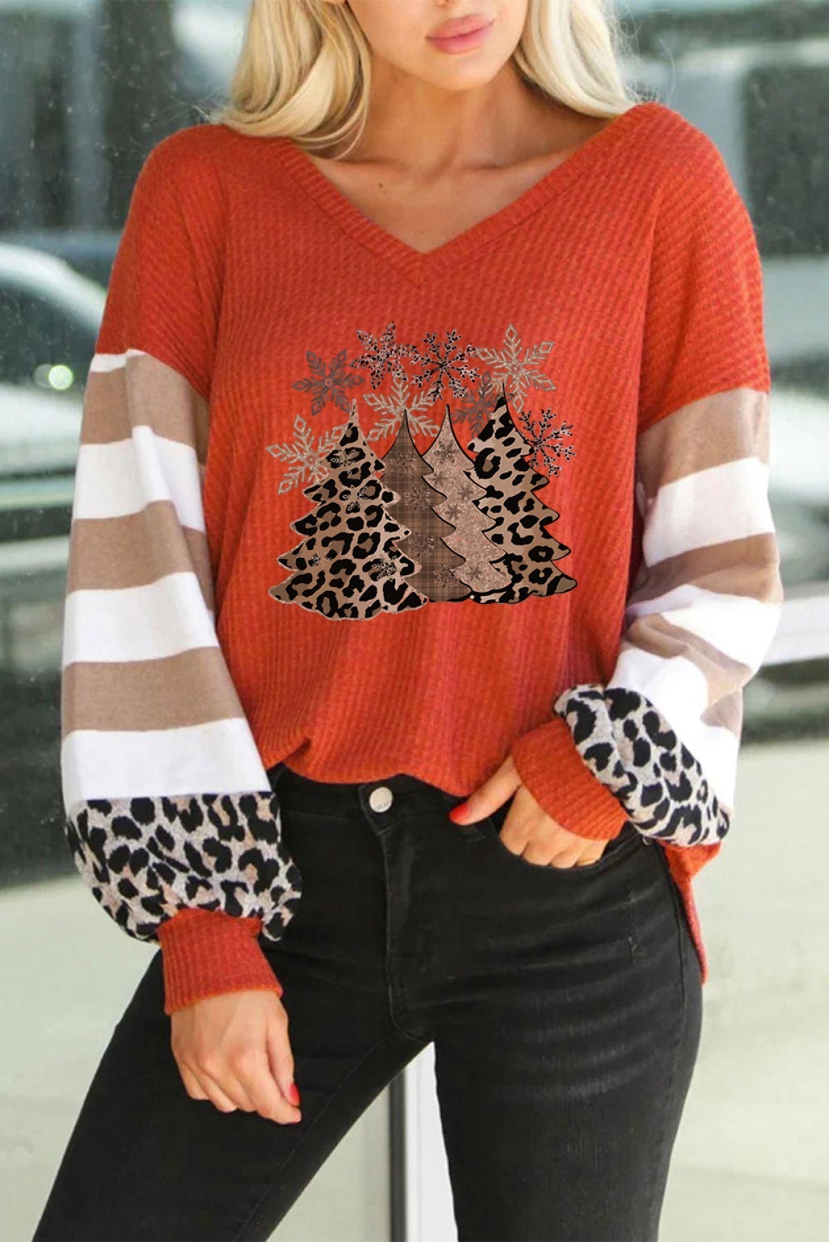 Christmas Tree Leopard Color Block Waffle Knit Top