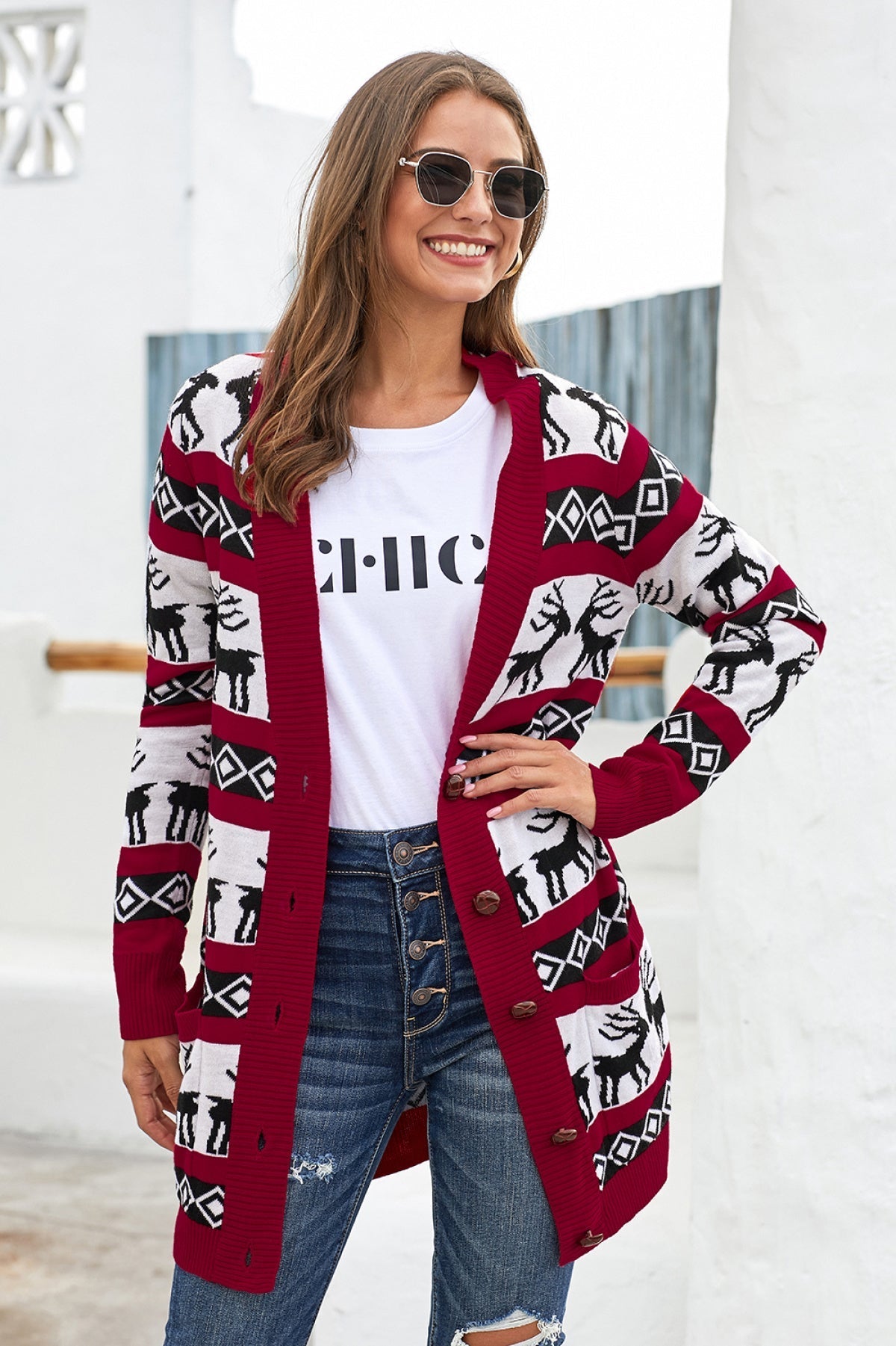 Red Christmas Elk Print Buttoned V Neck Knitted Sweater