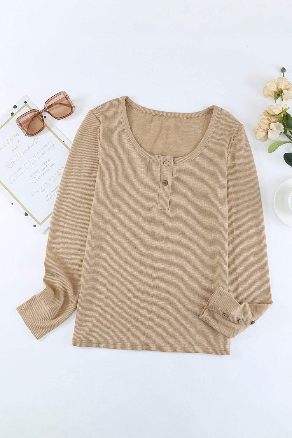 Crewneck Buttons Ribbed Knit Long Sleeve Top