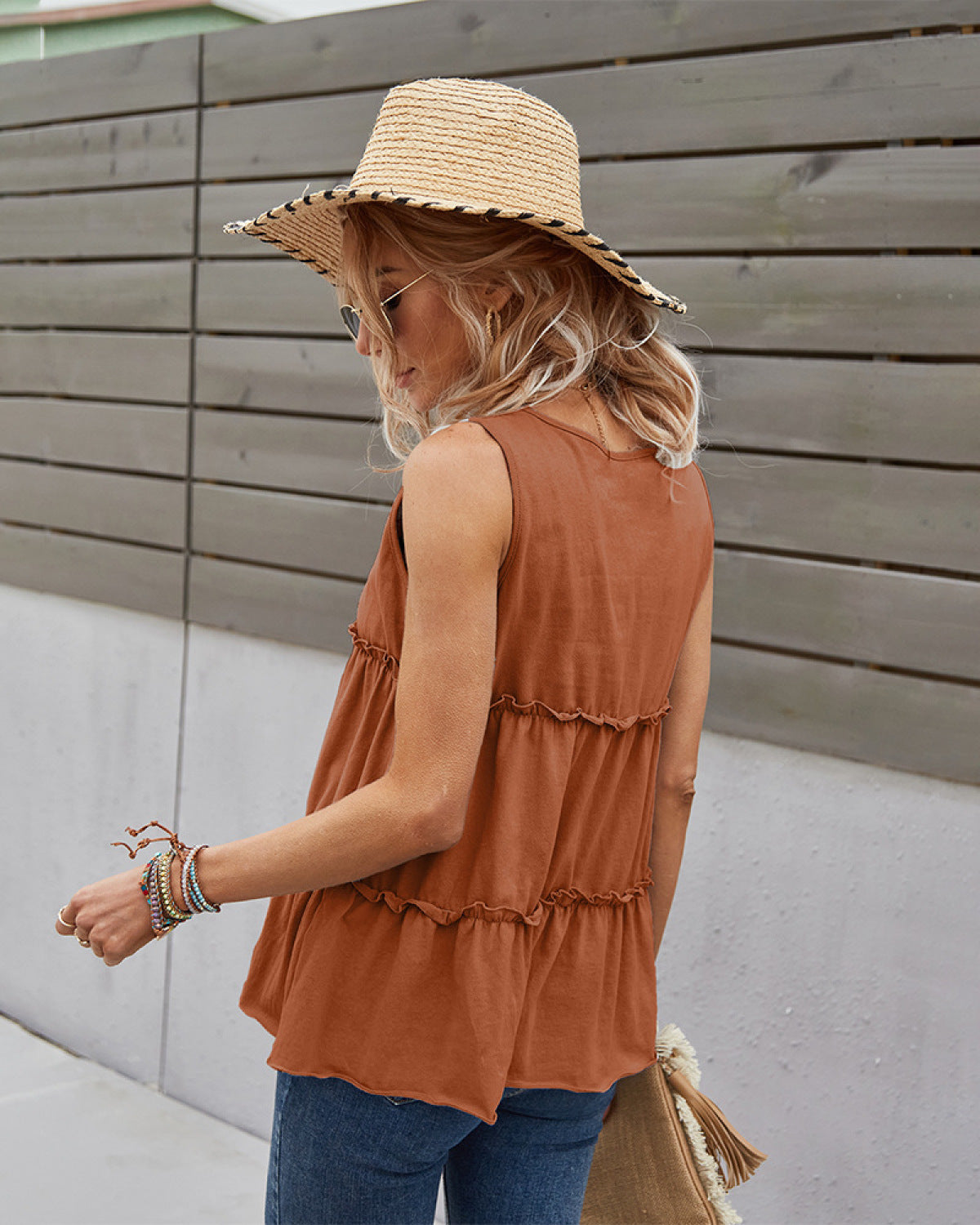 Notched Ruffle Trim Tassel Solid Color Tank Top