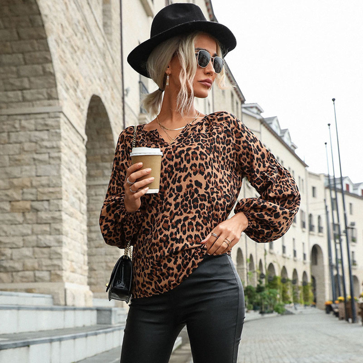 Pullover Leopard Print Long-Sleeved V-Neck Blouses