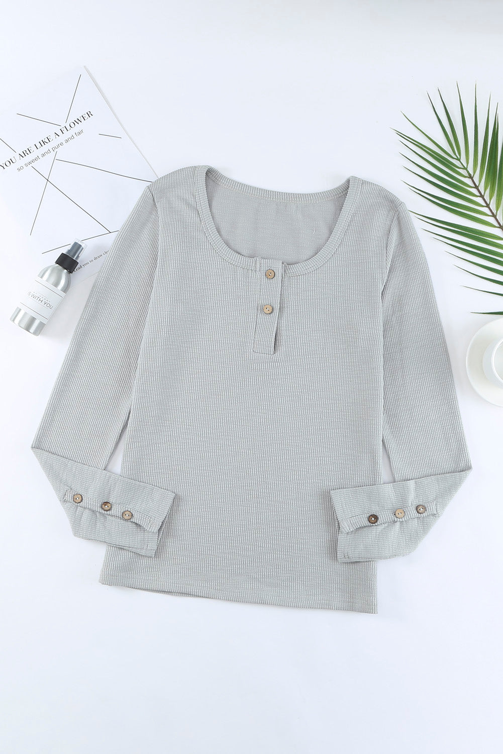 Crewneck Buttons Ribbed Knit Long Sleeve Top