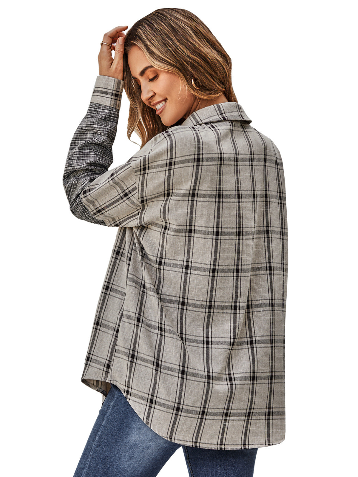 Collared Neck Long Sleeve Colorblock Plaid Blouse