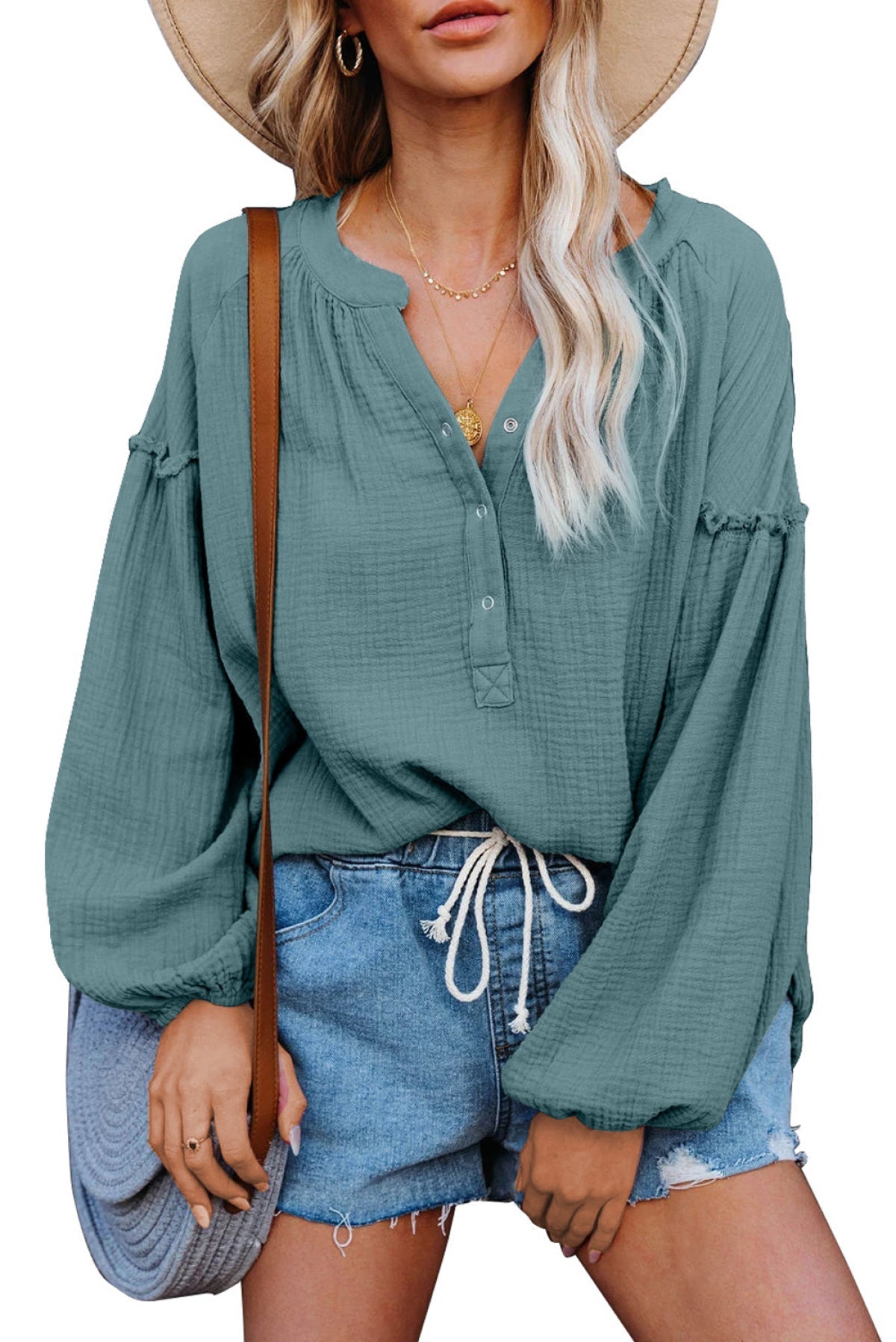 Casual Balloon Sleeve Crinkled Top