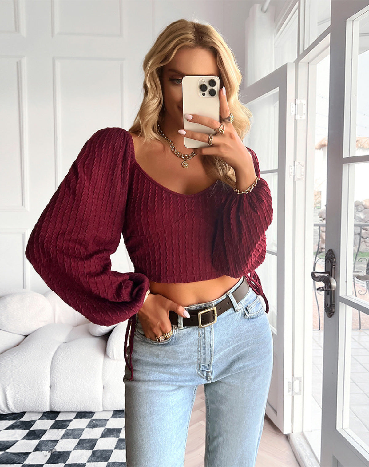 V-Neck Solid Long Sleeve Drawstring Cropped Top