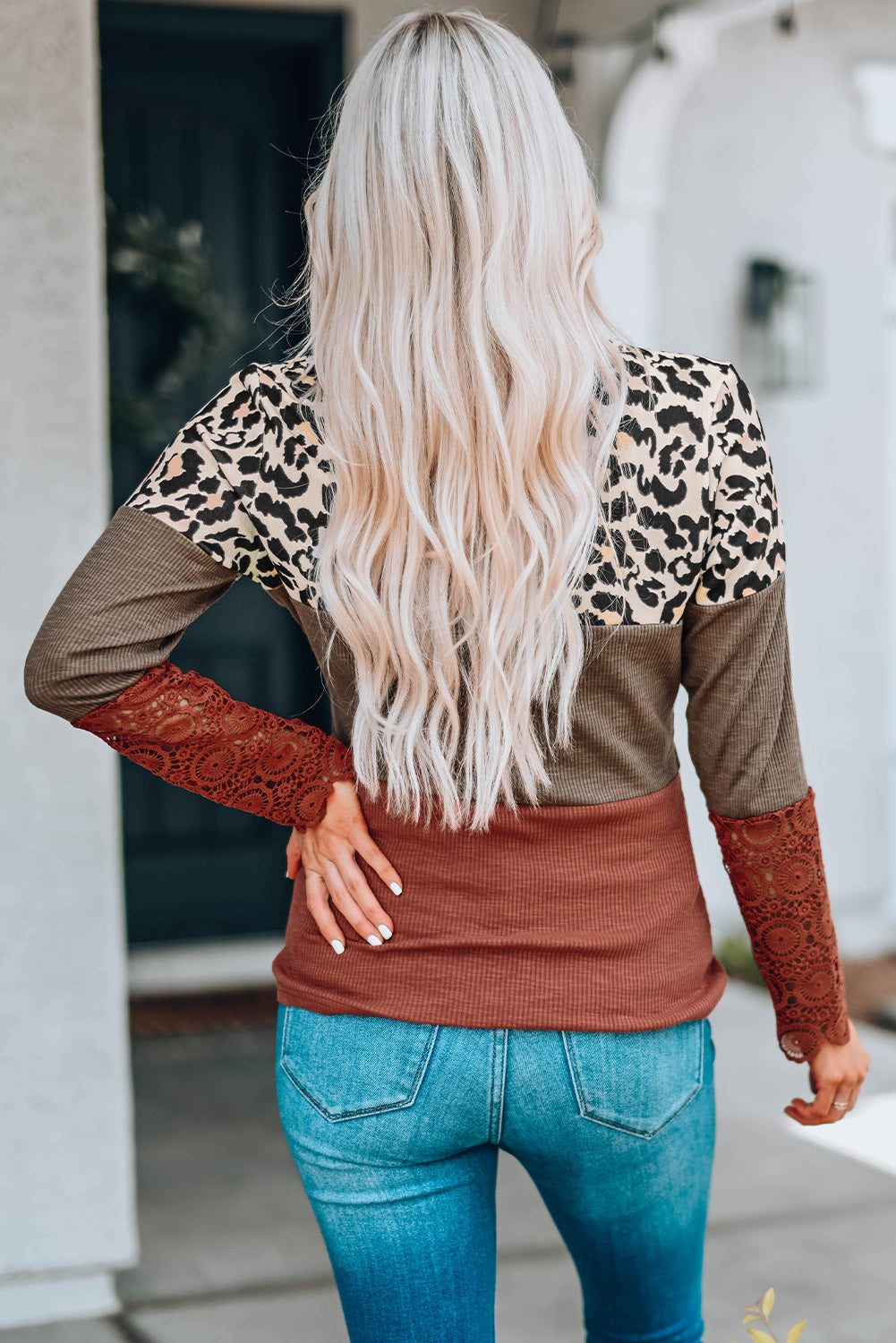 Lace Splicing Hollow-Out Leopard Color Block Top