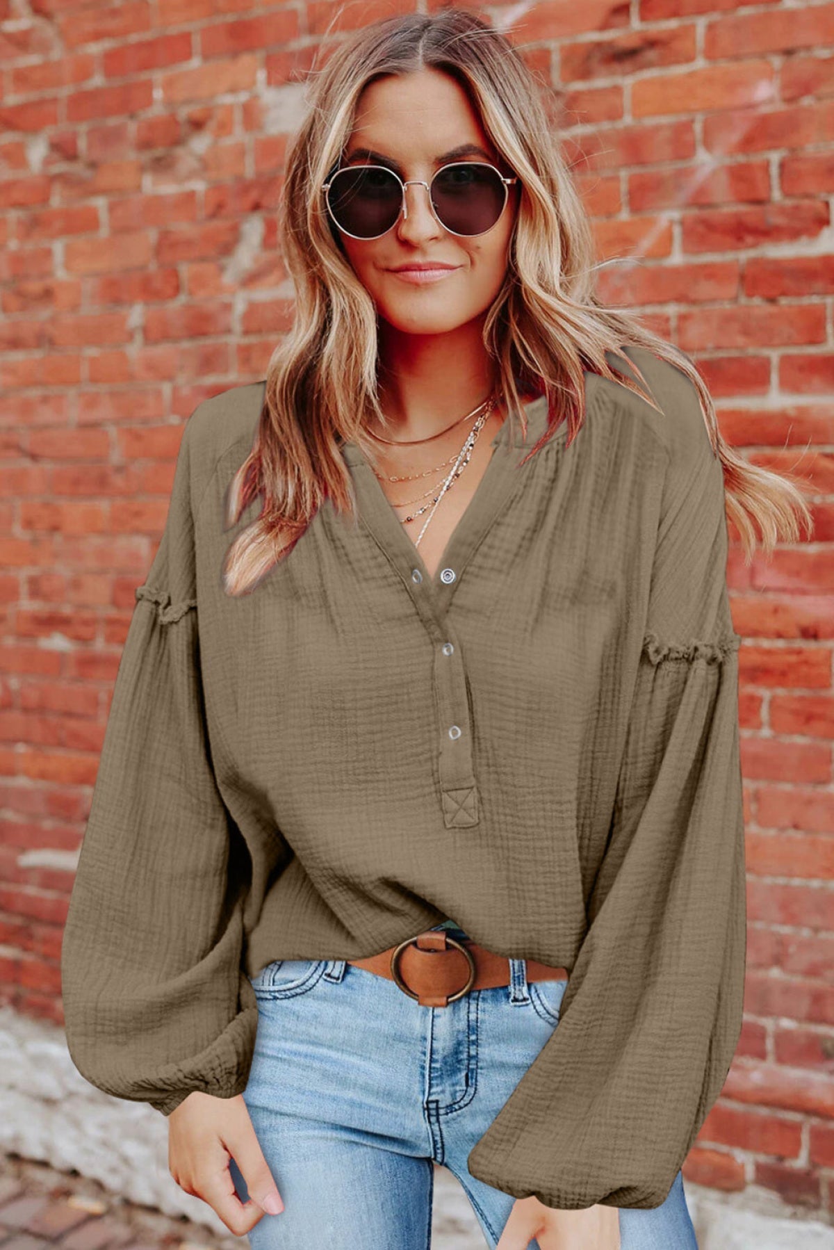 Casual Balloon Sleeve Crinkled Top