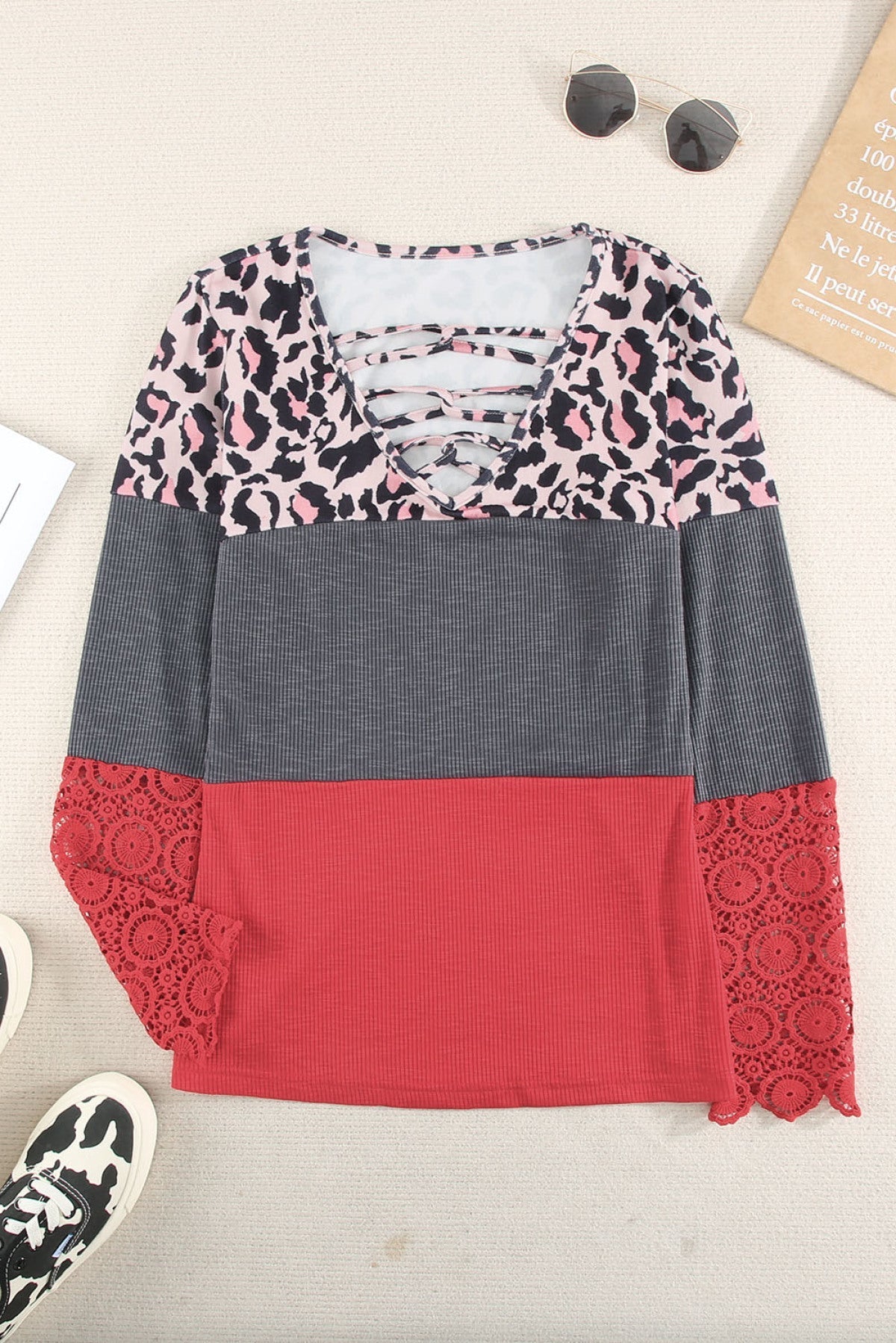 Lace Splicing Hollow-Out Leopard Color Block Top