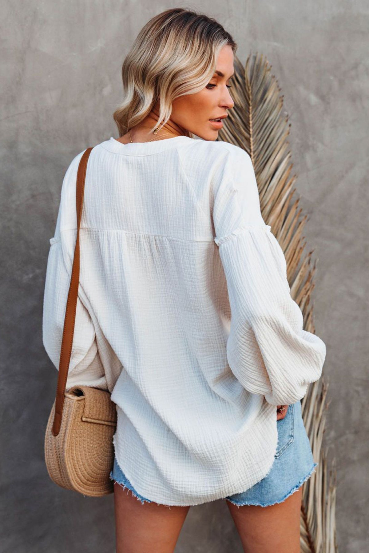 Casual Balloon Sleeve Crinkled Top