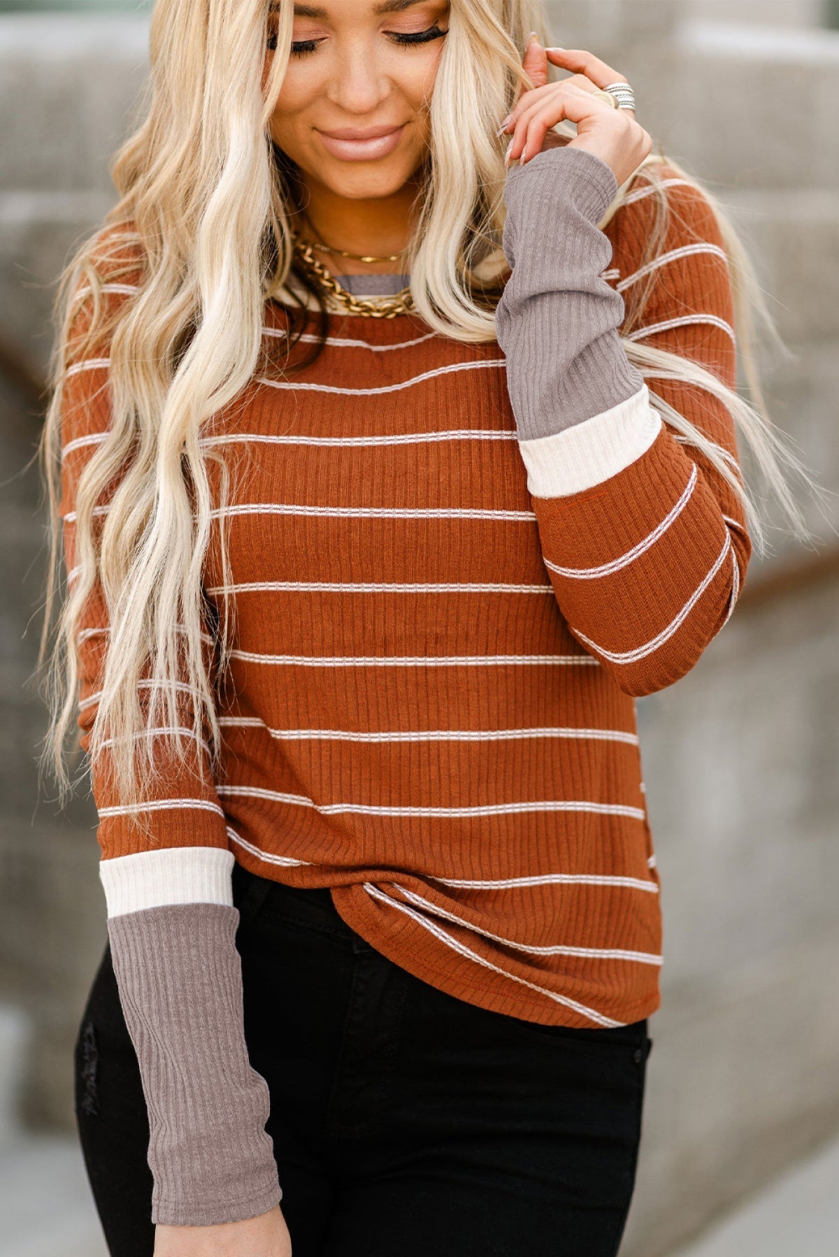 Extend Color Block Cuffs Rib Knit Striped Pullover