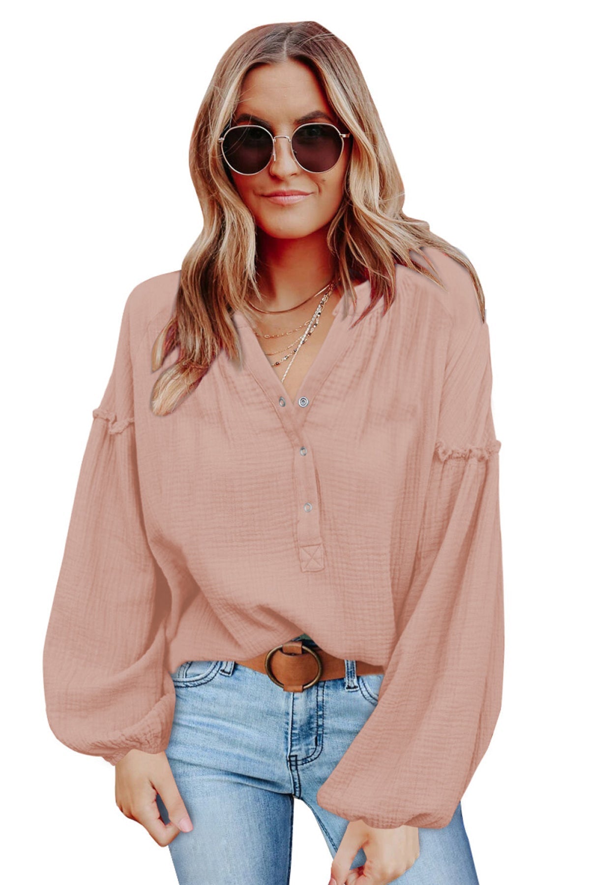 Casual Balloon Sleeve Crinkled Top