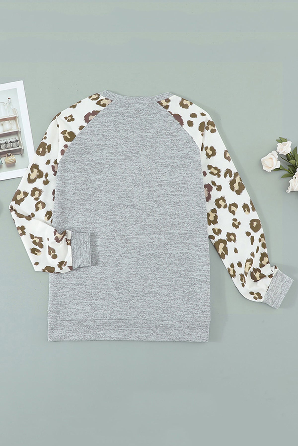 Gray Christmas In Transit Contrast Leopard Sleeve Top