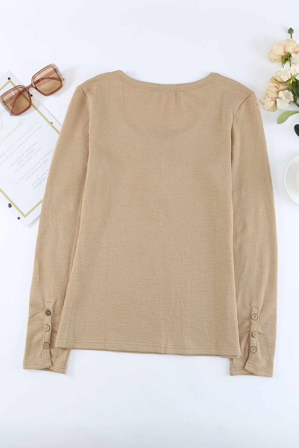 Crewneck Buttons Ribbed Knit Long Sleeve Top