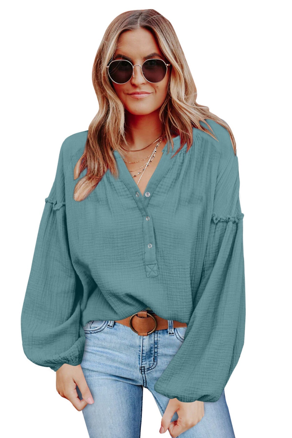 Casual Balloon Sleeve Crinkled Top