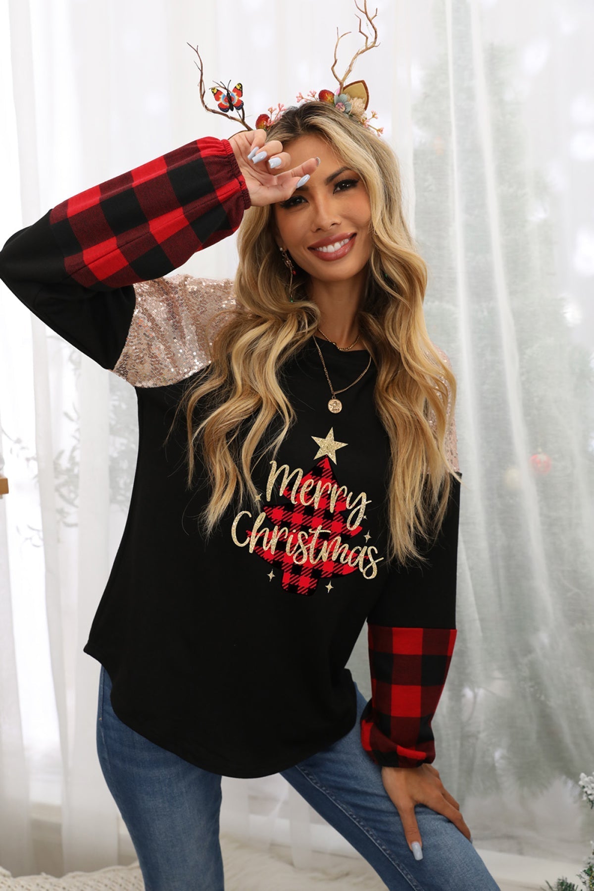 Black Merry Christmas Plaid Glitter Print Sequin Patchwork Top