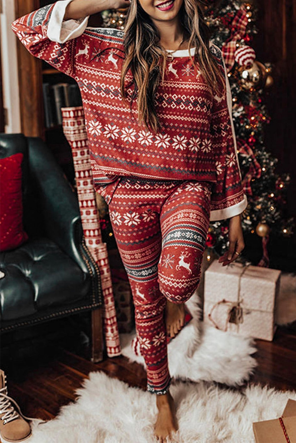 Red Reindeer Geometric Print Top And Skinny Pants Lounge Set