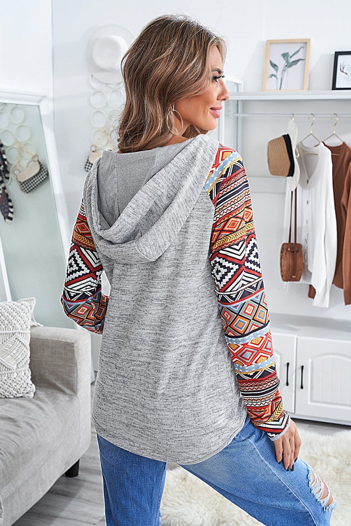 Tribal Print Long Sleeve Button Neckline Drawstring Hoodie