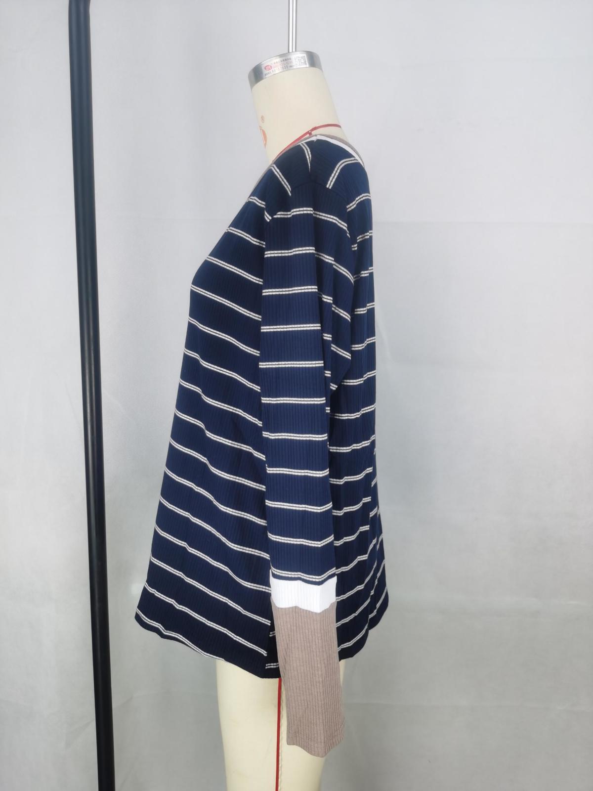 Extend Color Block Cuffs Rib Knit Striped Pullover