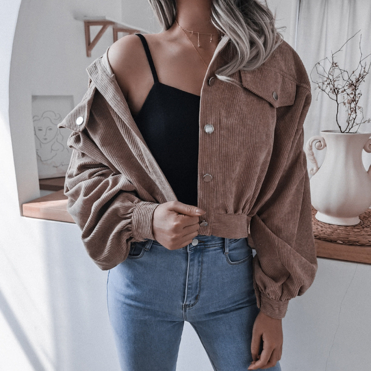 Casual Lanterns Long-Sleeved Single-Breasted Corduroy Jacket