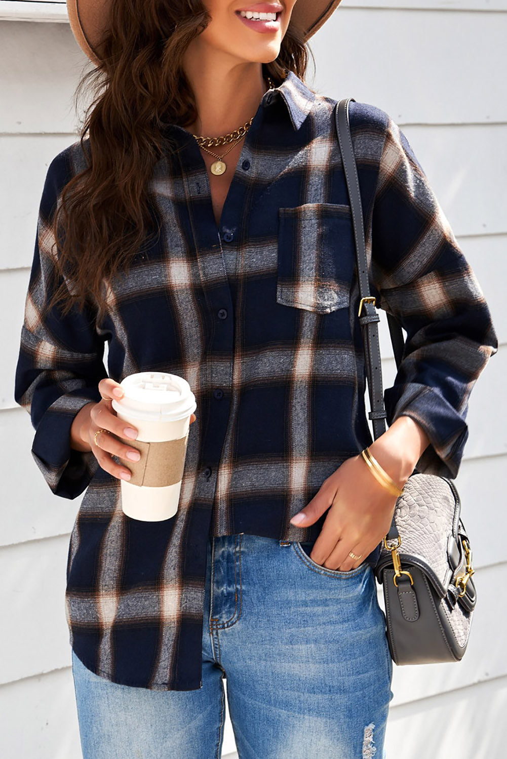 Drop Shoulder Plaid Buttons Shirt