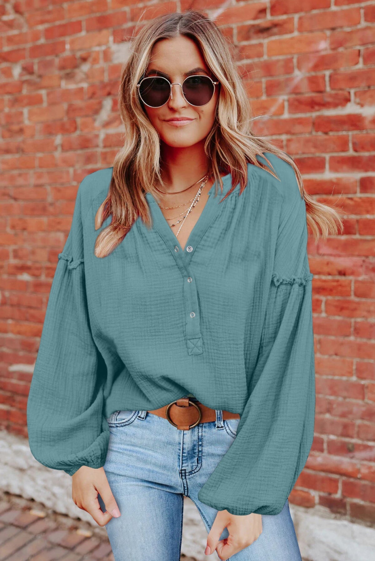 Casual Balloon Sleeve Crinkled Top