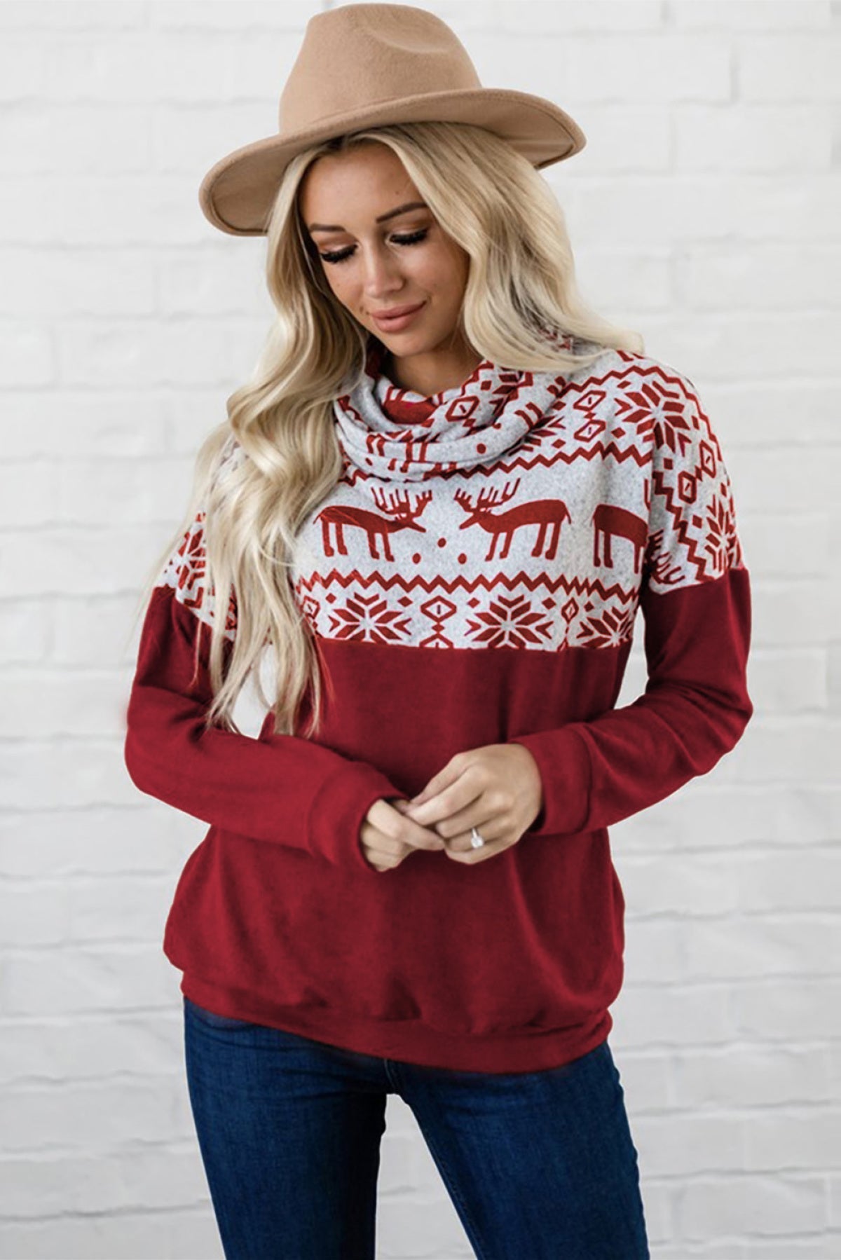 Red Black/Burgundy/Green Christmas Elk Print Cowl Neck Knit Top