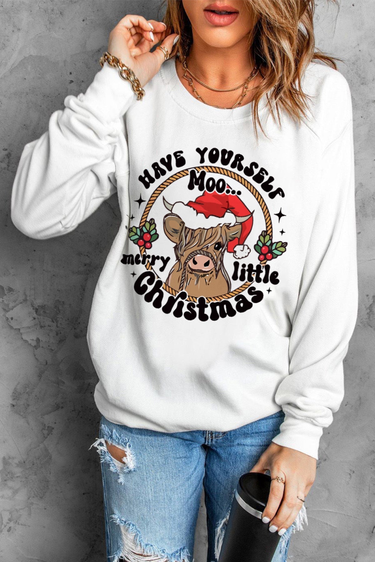 Beige Moo Christmas Greeting Graphic Sweatshirt