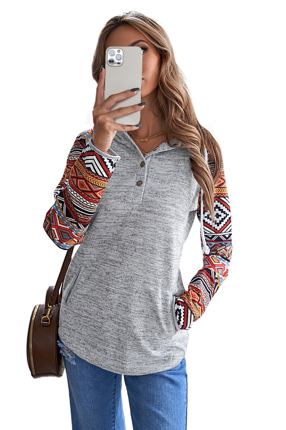 Tribal Print Long Sleeve Button Neckline Drawstring Hoodie