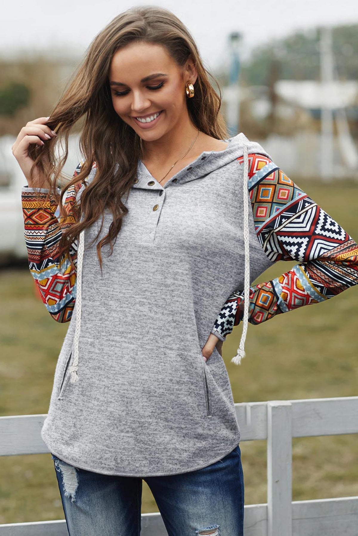 Tribal Print Long Sleeve Button Neckline Drawstring Hoodie