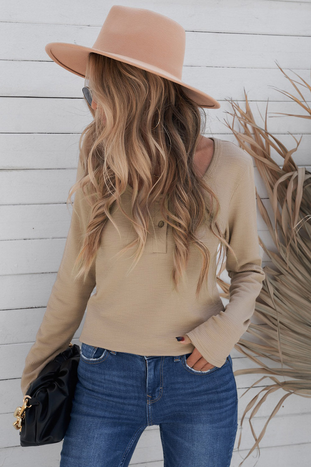 Crewneck Buttons Ribbed Knit Long Sleeve Top