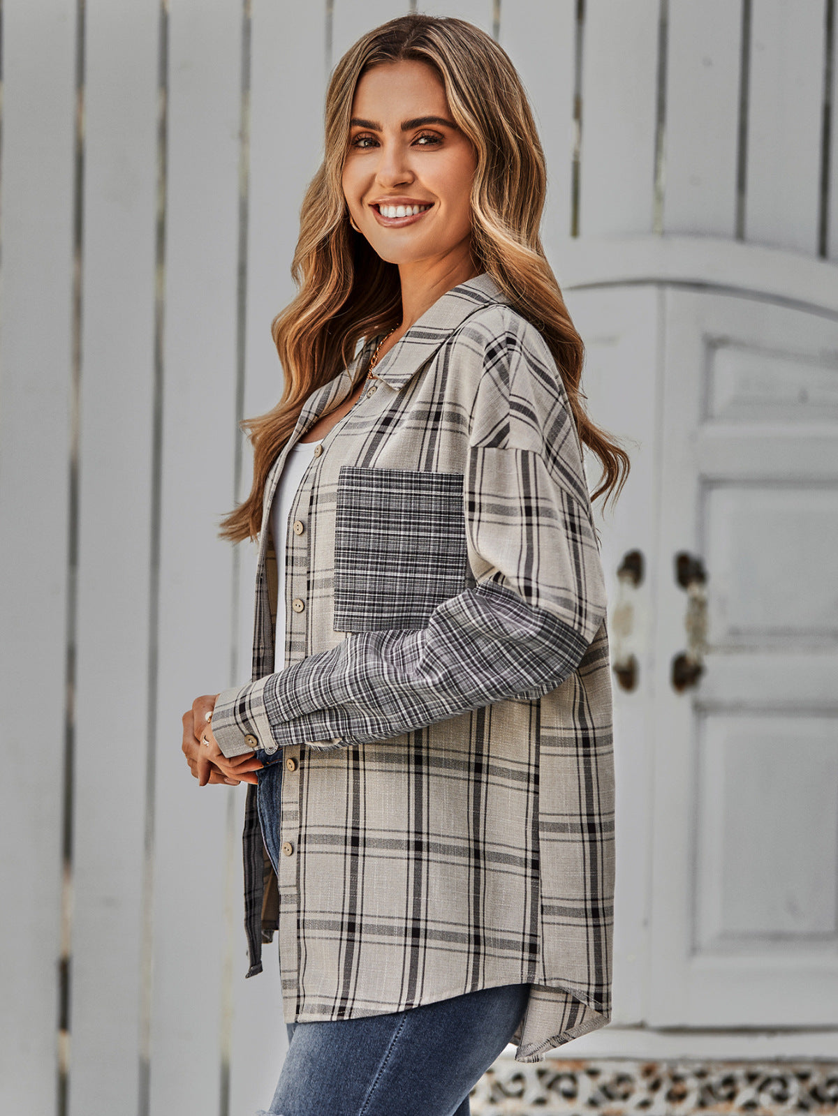 Collared Neck Long Sleeve Colorblock Plaid Blouse