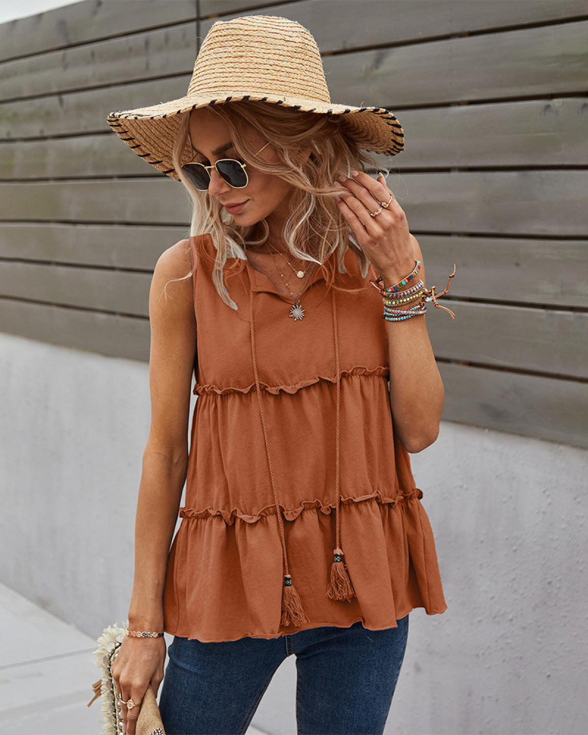 Notched Ruffle Trim Tassel Solid Color Tank Top