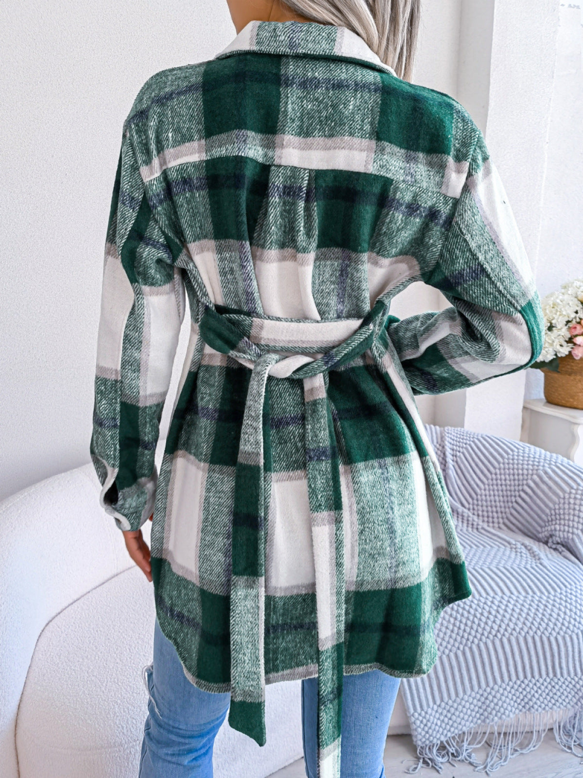 Plaid Button Down Woolen Coat with Belt